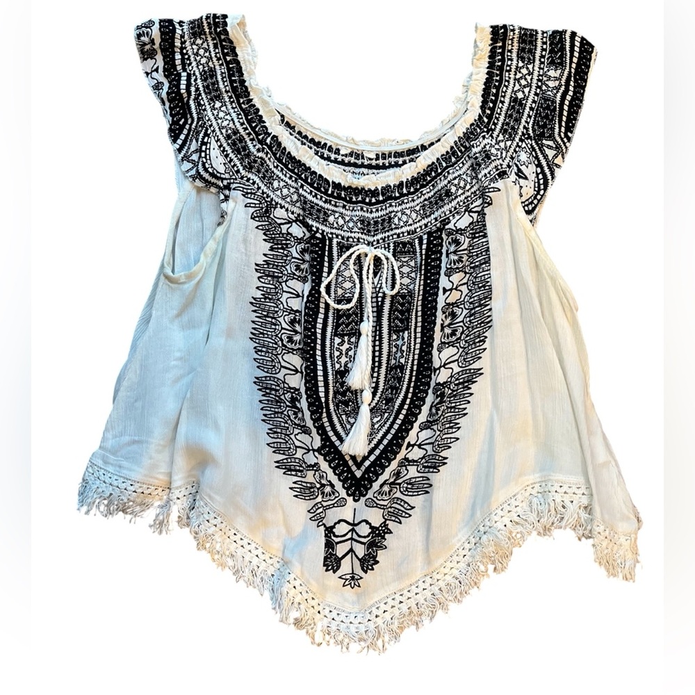 Anthropologie White Tunic Halter with Black Embroidered Yoke Tassels Fringe